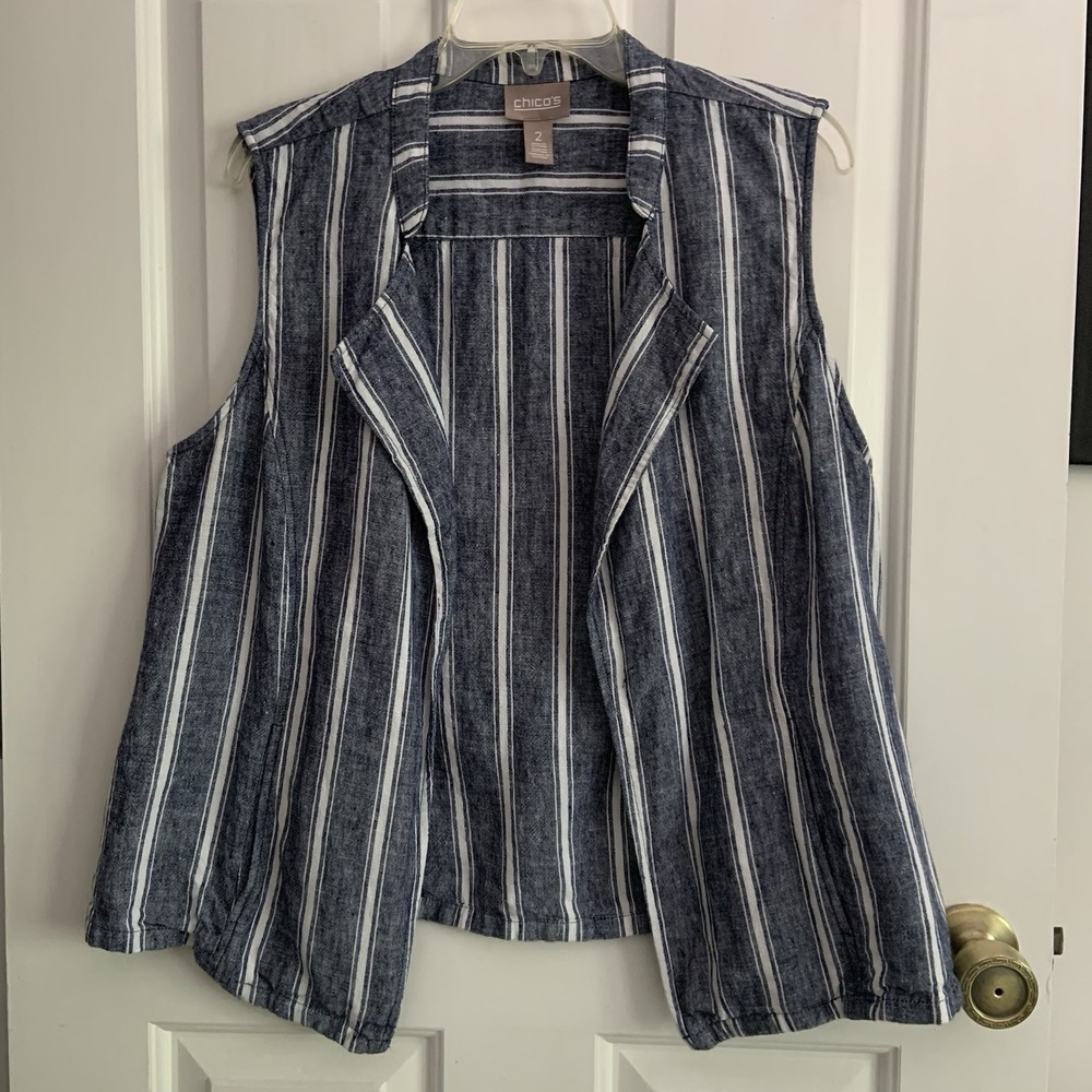 Chicos Vest sz 2 Large Blue 100% Linen Sleeveless Striped Open Front w pockets